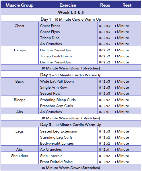 week 1,2 and 3 of the 6 week beginners workout plan