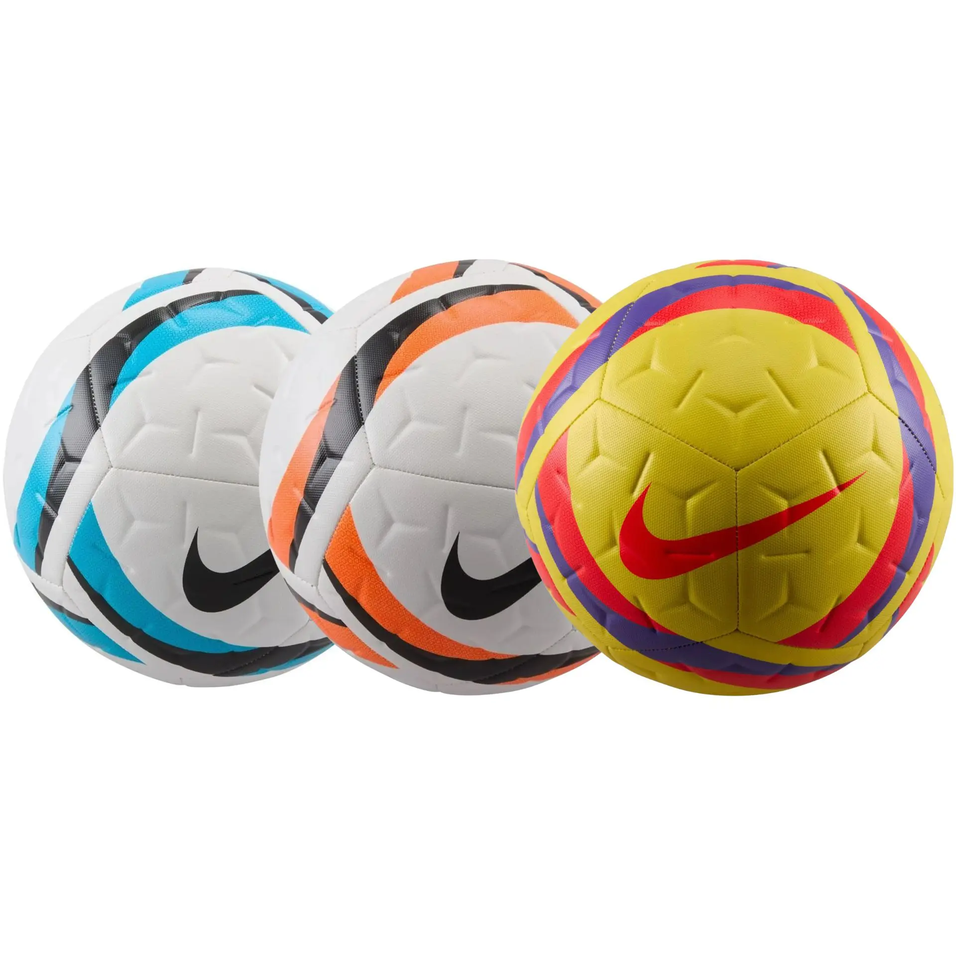 Three colourful Nike footballs displayed