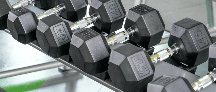 Neatly arranged hexagonal fixed weight dumbbells on rack