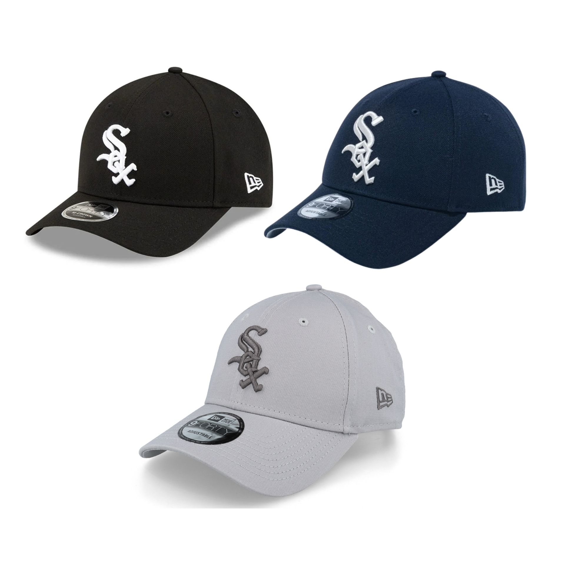 Three baseball caps in different colours