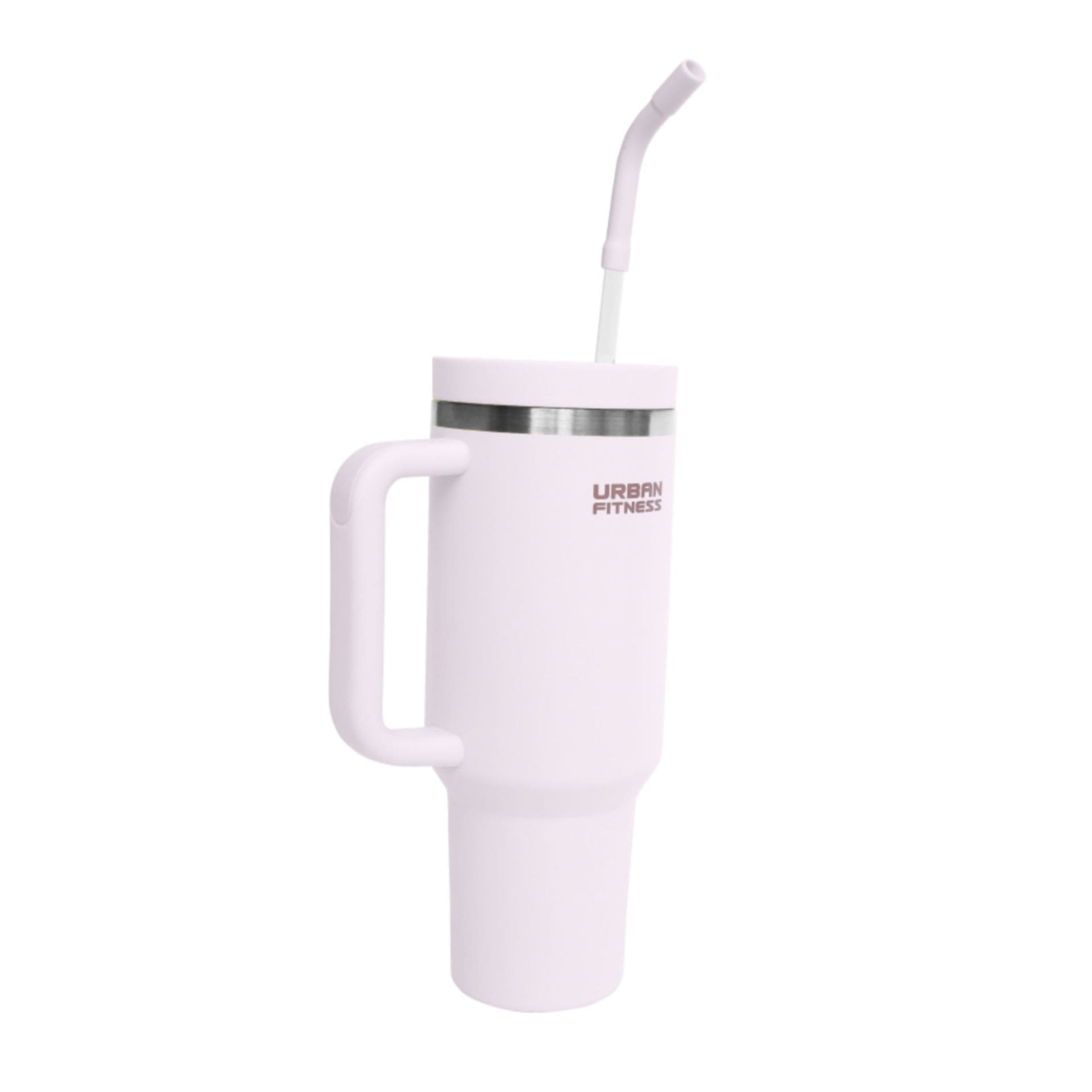 Pink insulated travel mug with straw